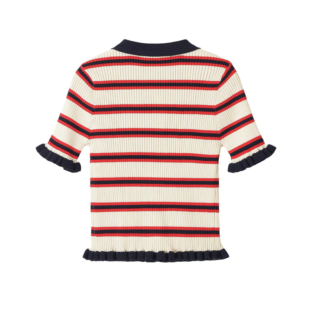 Women's Ribbed Short Sleeve Cardigan with Polo Collar, Button Placket, and Ruffle Edges Mune Fashion