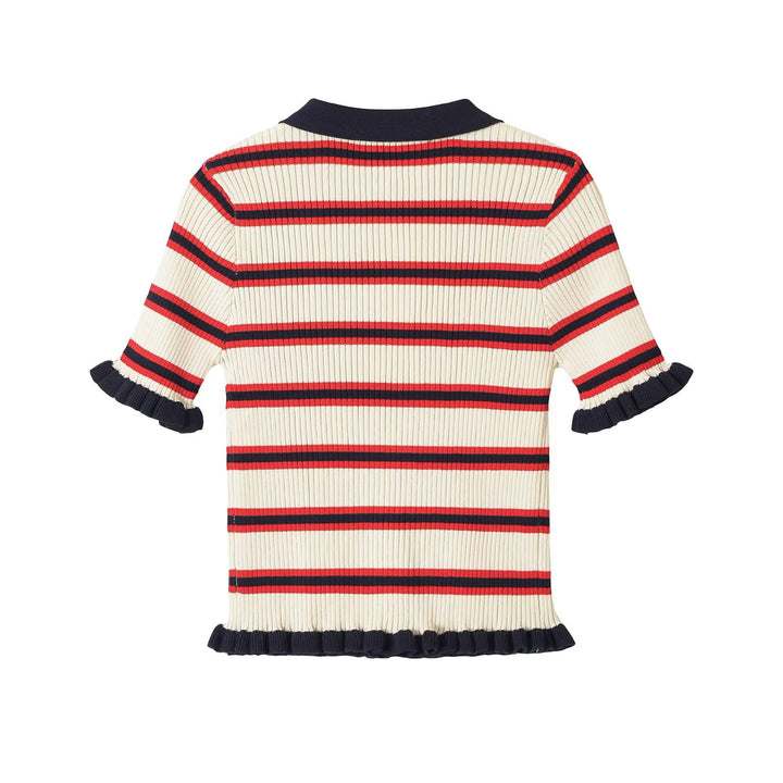 Women's Ribbed Short Sleeve Cardigan with Polo Collar, Button Placket, and Ruffle Edges Mune Fashion
