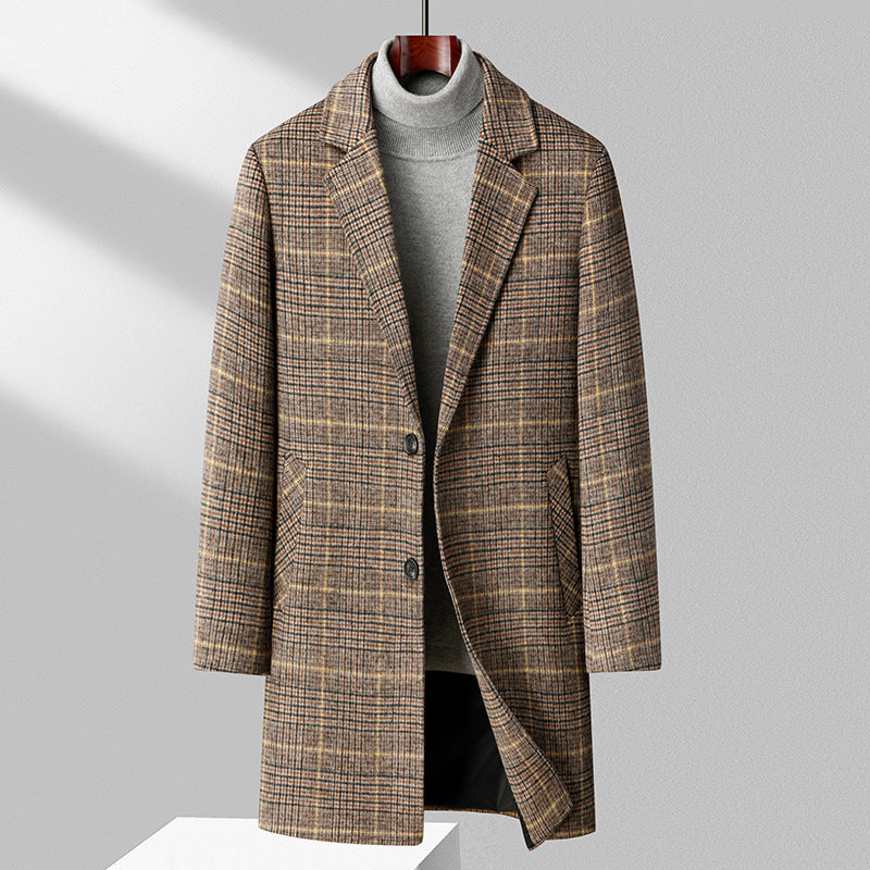 Men's Checked Wool Blend Short Coat with Slim Silhouette and Notched Lapel Mune Fashion