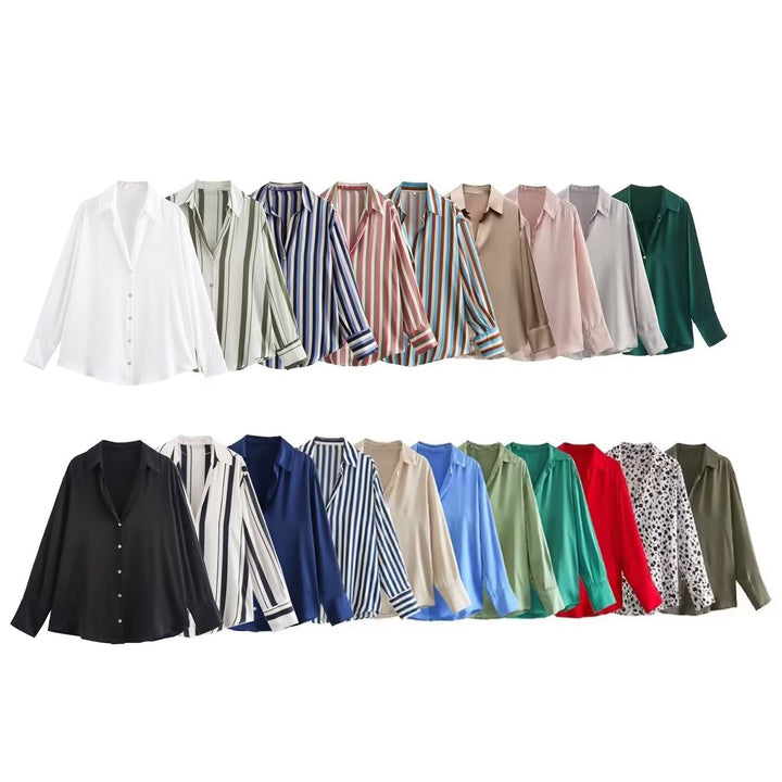 Ladies Oversized Satin Blouse with Shirt Collar and Wide Cuffs Mune Fashion