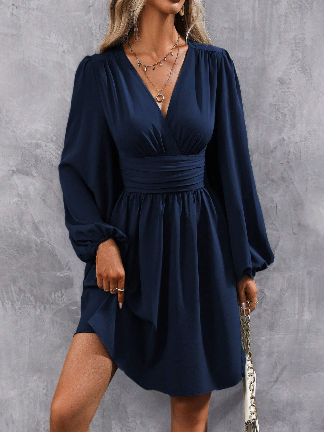 Women Knee-Length Wrap Dress with Elegant Puff Sleeves Mune