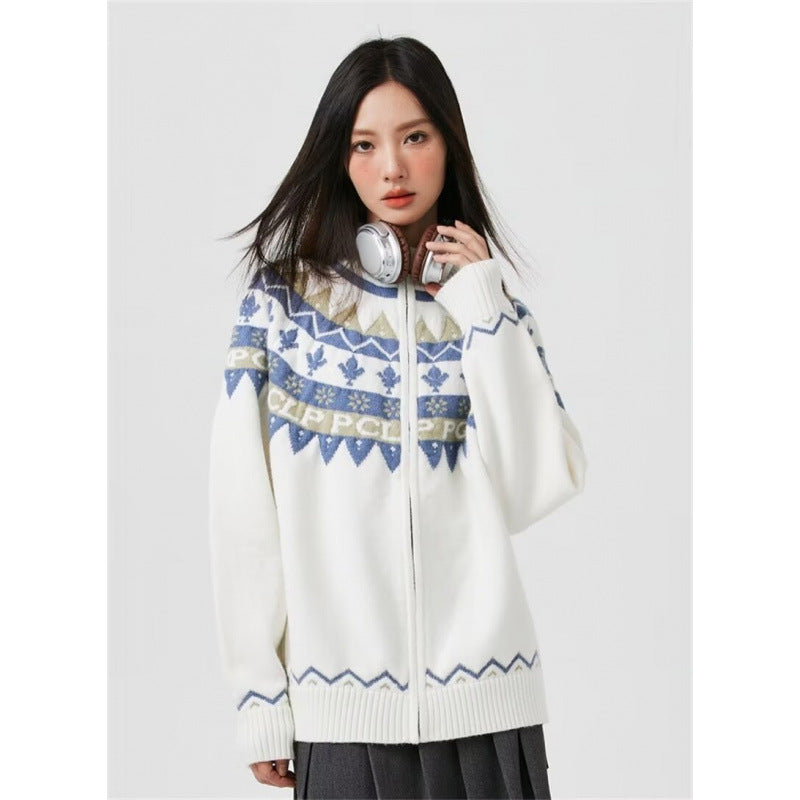 Women Casual Knit Zip Jacket with Jacquard Yoke and Ribbed Cuffs Mune Fashion