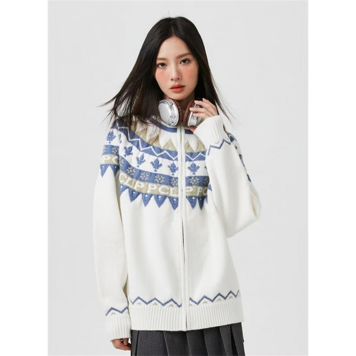 Women Casual Knit Zip Jacket with Jacquard Yoke and Ribbed Cuffs Mune Fashion