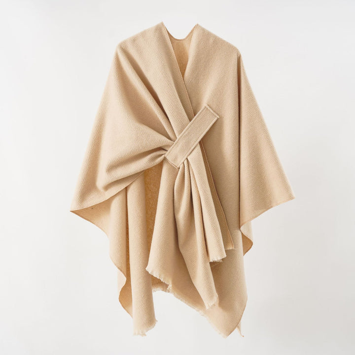 Women's lightweight wool blend wrap with fringes and tie belt Mune Fashion
