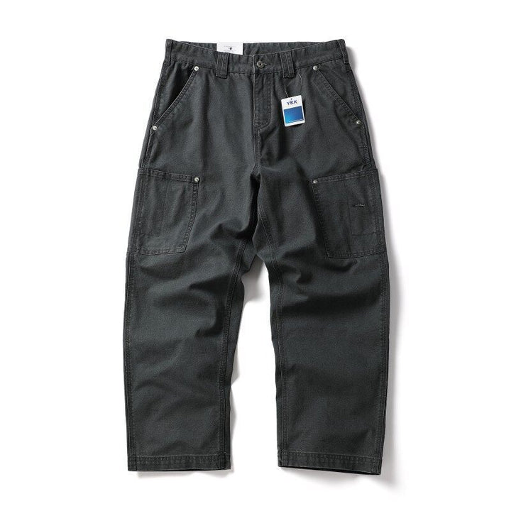 Men's Wide Canvas Cargo Pants with Large Patch Leg Pockets and Relaxed Baggy Cut Mune Fashion