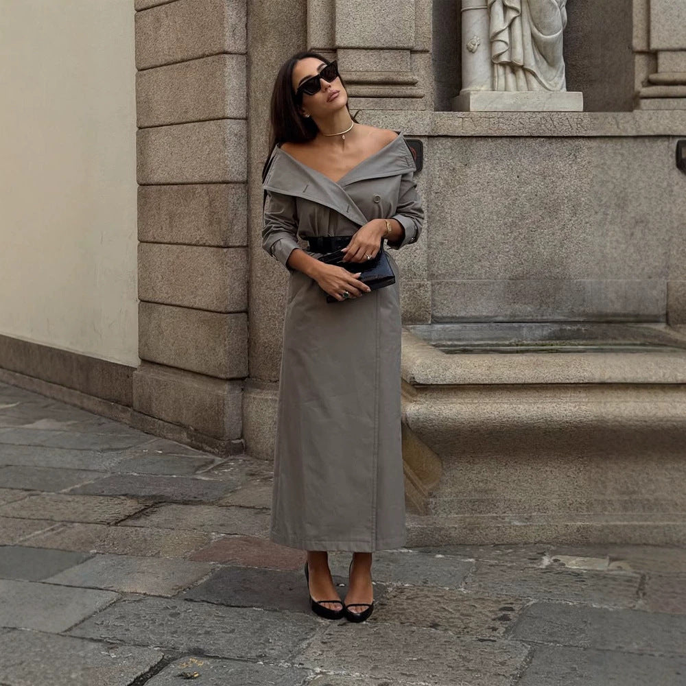 Women Off-Shoulder Trench Dress with Double-Breasted Button Placket and Fitted Patent Belt Mune Fashion