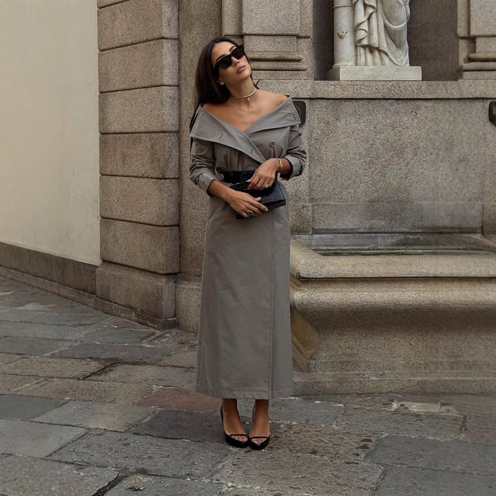 Women Off-Shoulder Trench Dress with Double-Breasted Button Placket and Fitted Patent Belt Mune Fashion