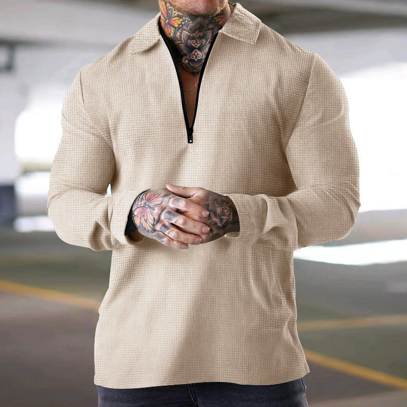 Men's narrow half-zip polo with waffle texture open Kent collar and clean minimal design Mune Fashion
