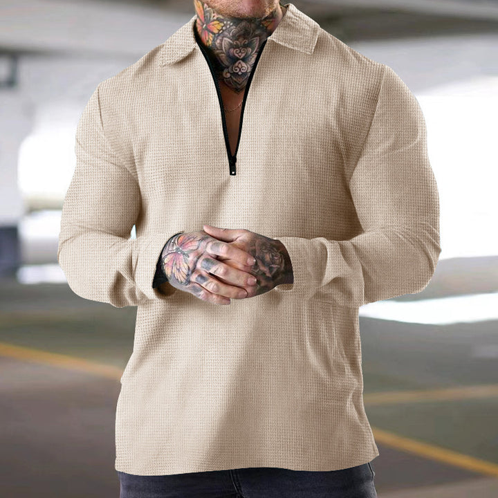 Men's narrow half-zip polo with waffle texture open Kent collar and clean minimal design Mune Fashion