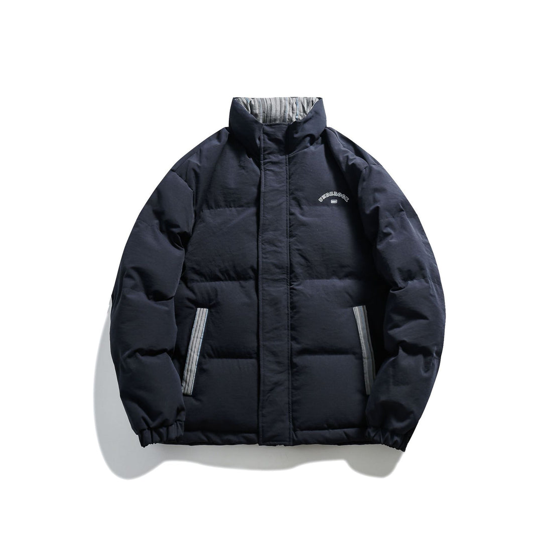 Unisex Short Cut Padded Puffer Jacket with High Stand-Up Collar and Striped Pocket Flaps Mune Fashion