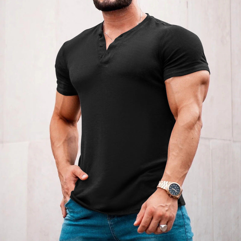 Men's muscle-fitting short-sleeve shirt with button placket and V-neck made of cotton stretch Mune Fashion
