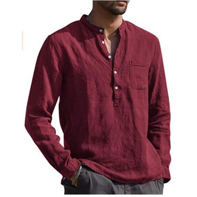 Men's Lightweight Linen Shirt with Stand Collar, Half Button Placket and Chest Pocket Mune Fashion