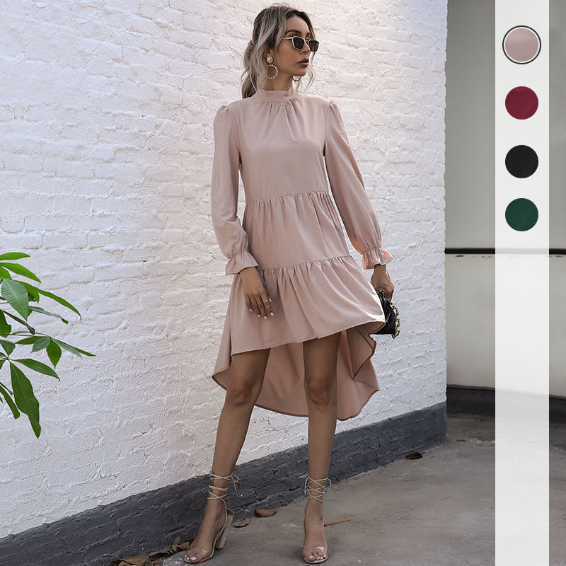 Women Asymmetric Tiered Midi Dress with Stand Collar, Long Sleeves and Ruffle Hem Mune Fashion