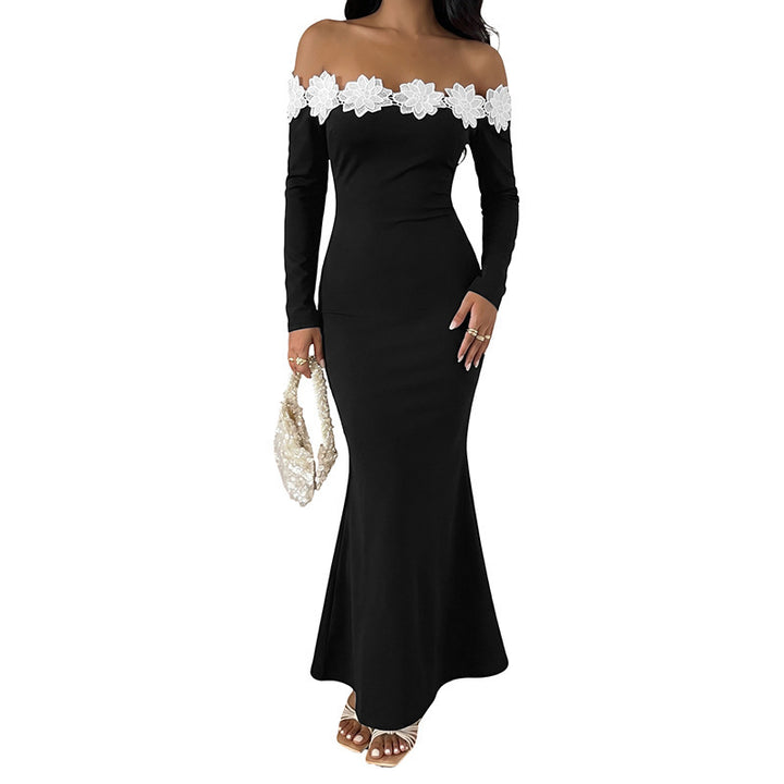 Women Elegant Off-Shoulder Maxi Dress with Lace Inserts Mune Fashion