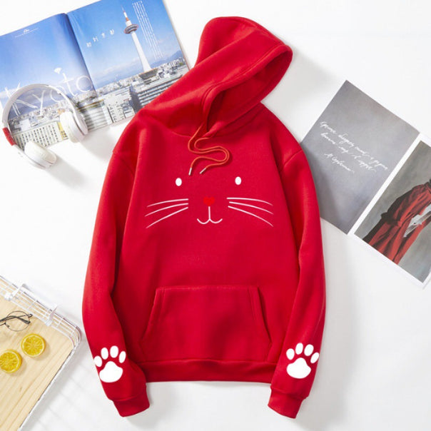 Women's hoodie with printed cat motif, kangaroo pocket and paw appliqués Mune Fashion