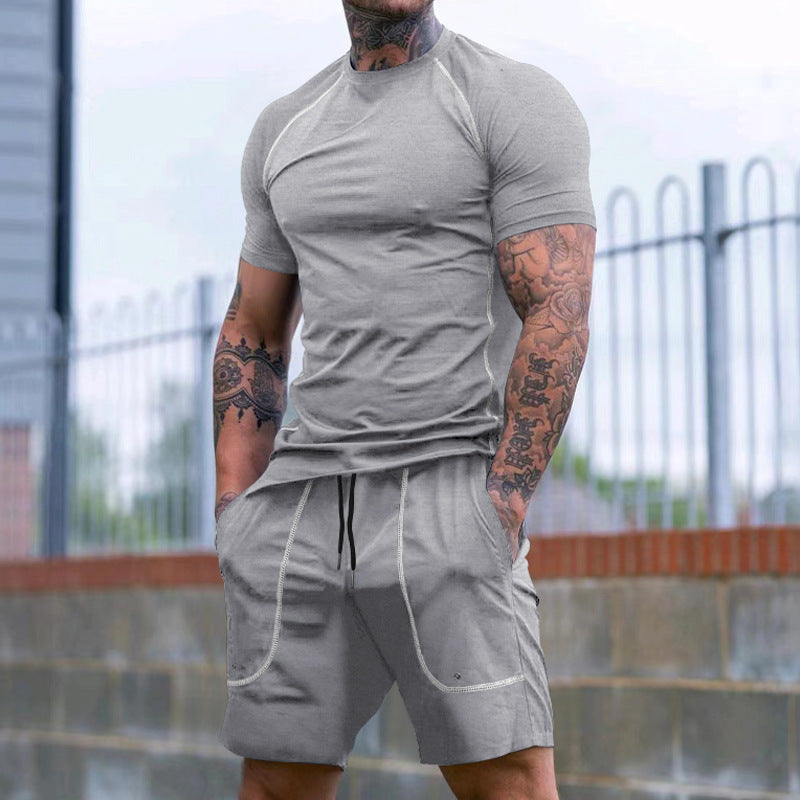 Men's Raglan-Fit Short Sleeve Shirt and Drawstring Shorts Set made of breathable stretch jersey with contrast stitching Mune Fashion
