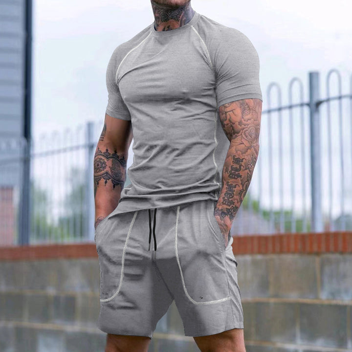 Men's Raglan-Fit Short Sleeve Shirt and Drawstring Shorts Set made of breathable stretch jersey with contrast stitching Mune Fashion