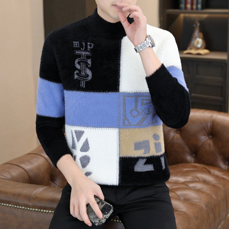 Men's patterned roll-neck pullover made of fluffy bouclé mix with patch intarsia Mune Fashion