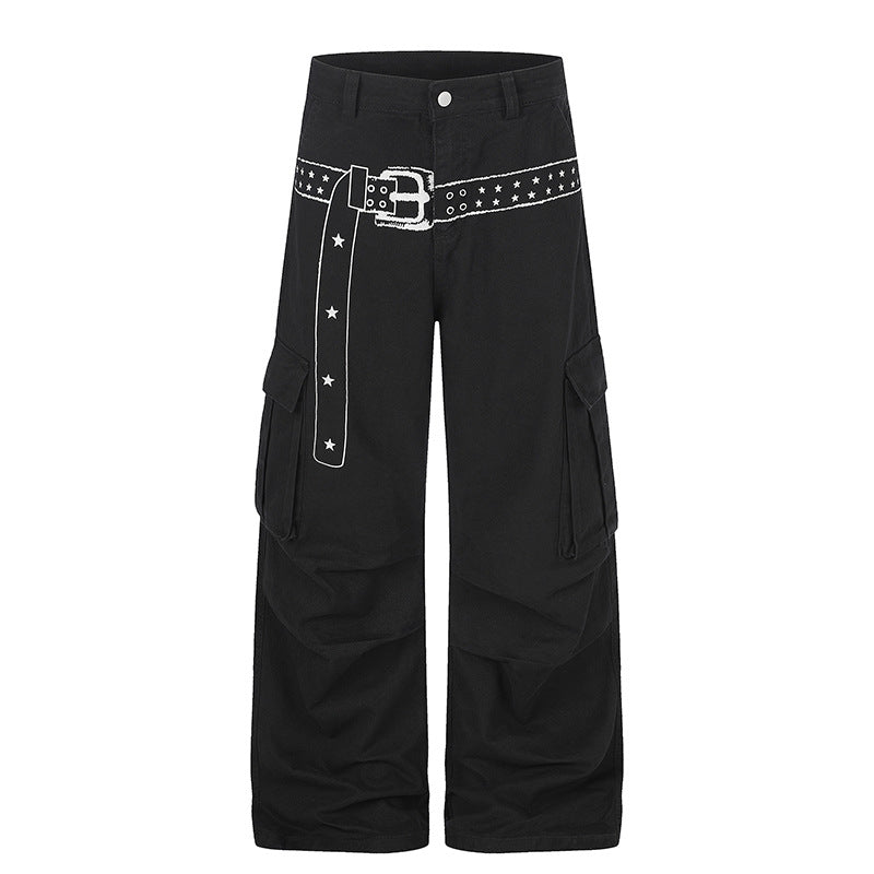 Women's cargo palazzo pants made of cotton blend with wide legs, patch flap pockets and belt print Mune Fashion
