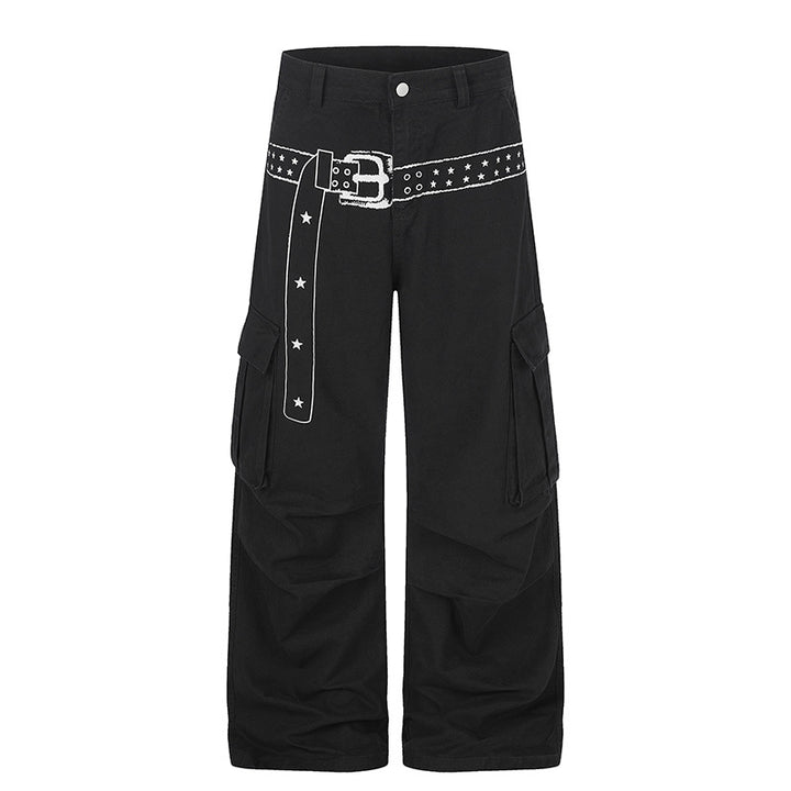 Women's cargo palazzo pants made of cotton blend with wide legs, patch flap pockets and belt print Mune Fashion