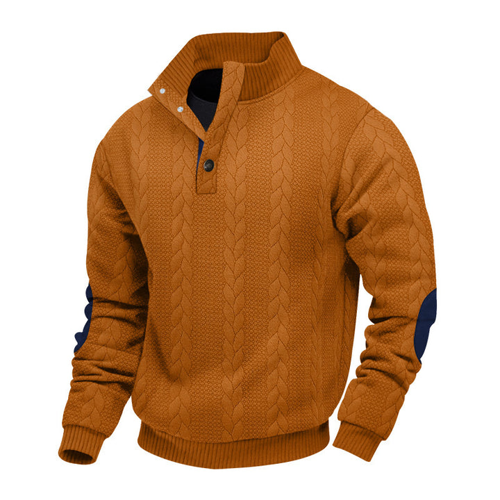 Men's cable knit turtleneck with stand-up collar, half button placket, and contrasting leather applications Mune Fashion