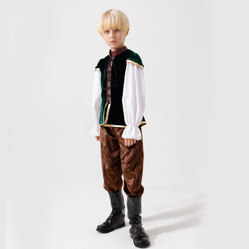 Unisex medieval children's costume set with velvet vest, gathered baggy pants and Renaissance details Mune Fashion
