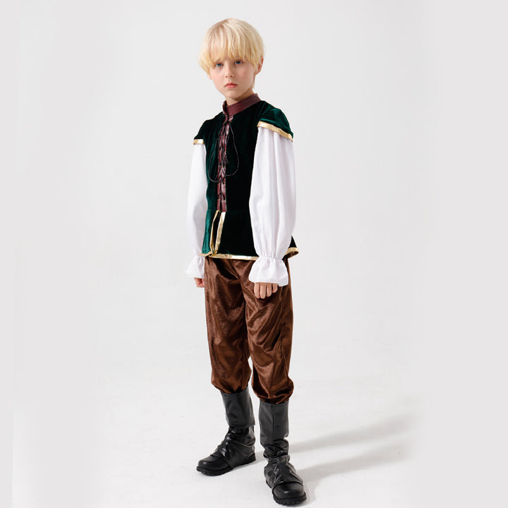 Unisex medieval children's costume set with velvet vest, gathered baggy pants and Renaissance details Mune Fashion