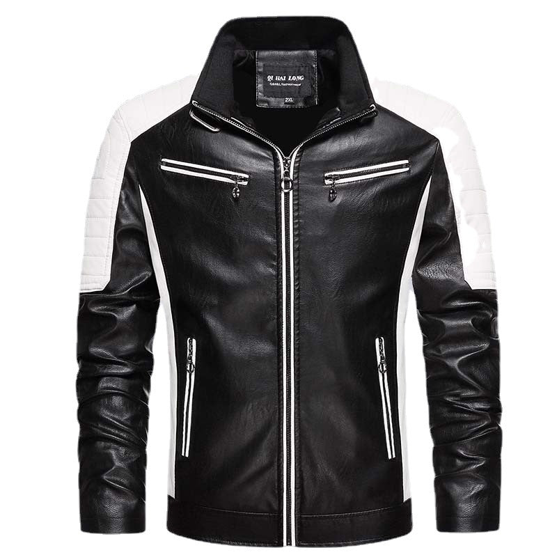 Men's Faux Leather Biker Jacket in Retro Racer Style with Quilted Shoulder Panels and Contrast Trim Mune Fashion