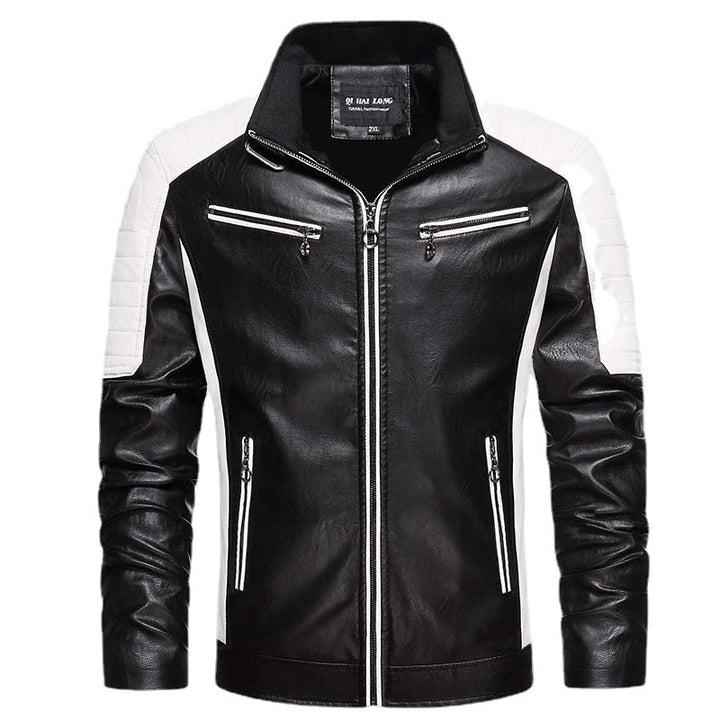 Men's Faux Leather Biker Jacket in Retro Racer Style with Quilted Shoulder Panels and Contrast Trim Mune Fashion