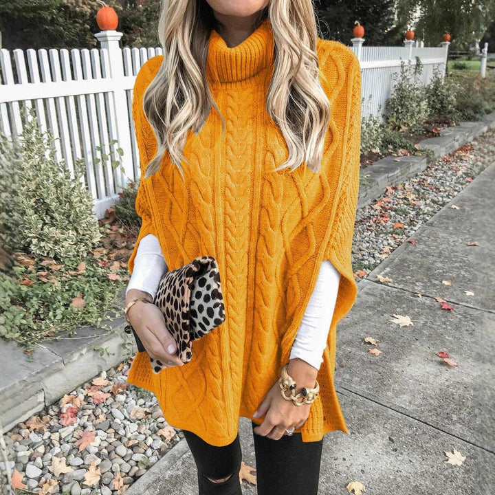 Women's Chunky Knit Poncho with High Collar and Cable Design Mune