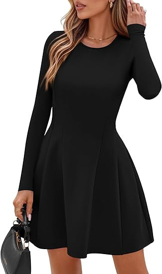 Women's Long-Sleeve A-Line Skater Dress with Figure-Flattering Seams Drune