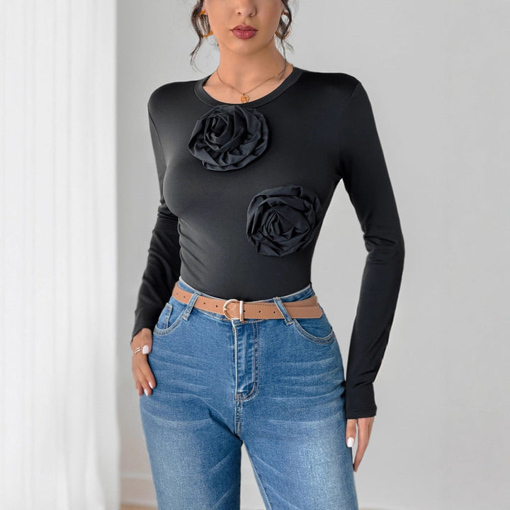 Women's Figure-hugging Long Sleeve Bodysuit with Three-dimensional Rose Appliqués Mune Fashion