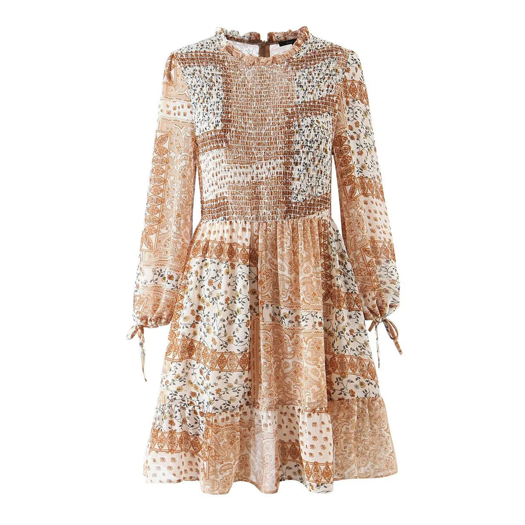 Women's floral Boho midi dress with tiered skirt and ruffled collar Mune Fashion