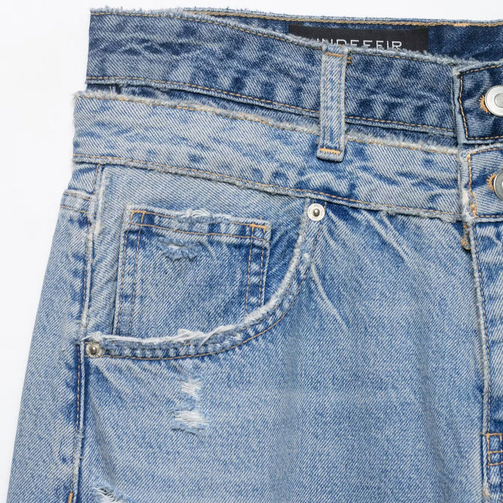 Women Loose-fitting Distressed Denim Jeans with Wide Cropped Leg Mune Fashion