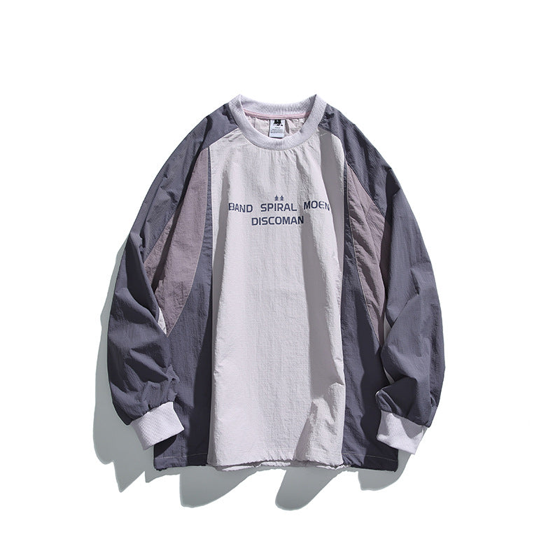 Unisex Loose Fit Colorblock Long Sleeve Shirt made of Lightweight Nylon Blend with Raglan Sleeves and Chest Print Mune Fashion