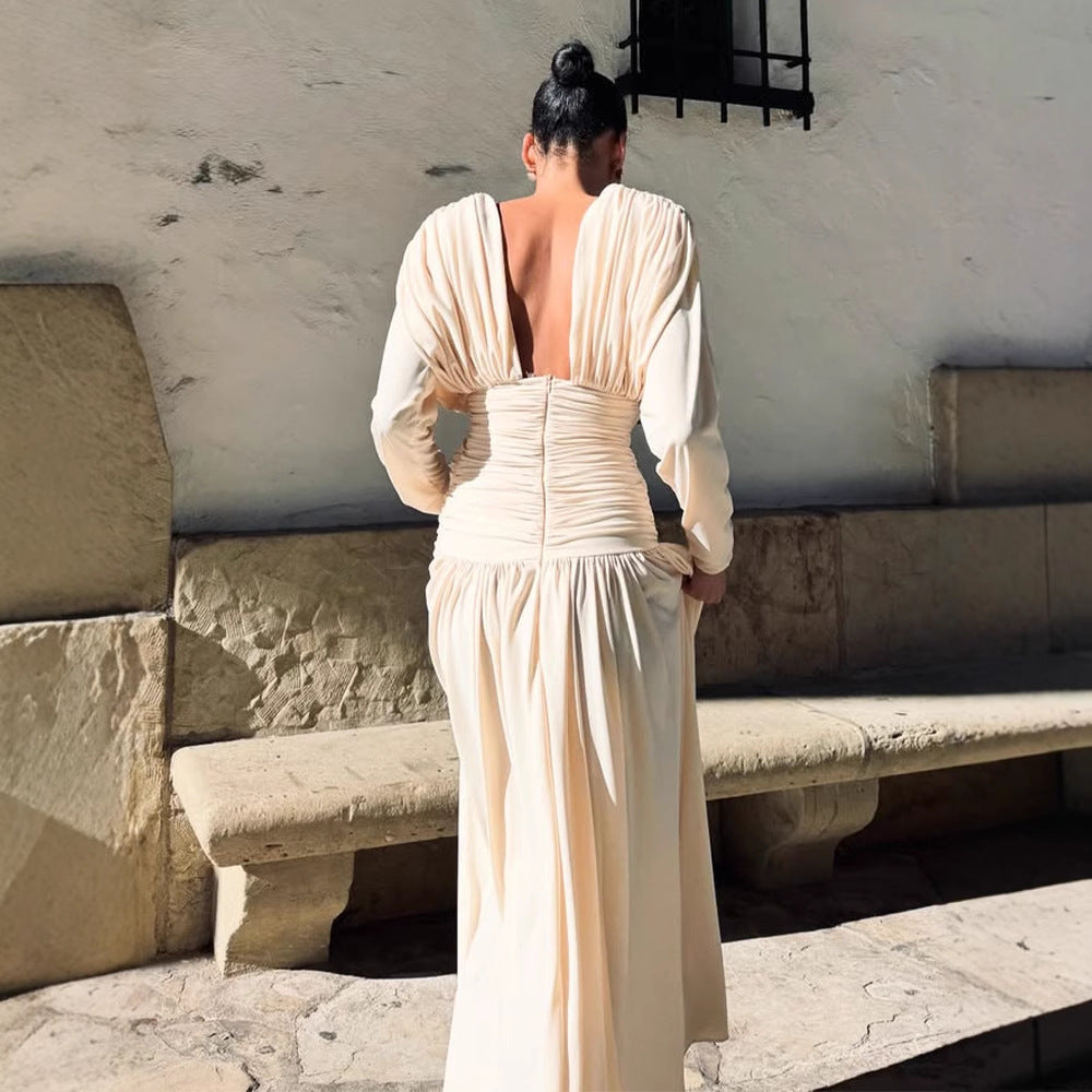 Women's Elegant Wrap Maxi Dress with Deep V-Neckline and Draping Mune Fashion