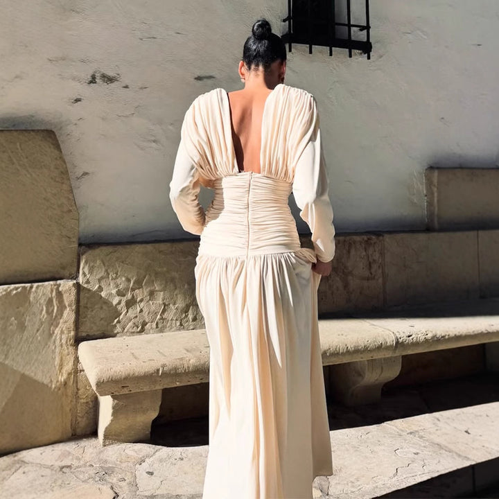 Women's Elegant Wrap Maxi Dress with Deep V-Neckline and Draping Mune Fashion