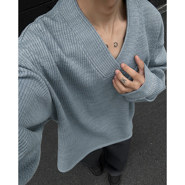 Men's Oversized Fine Knit Sweater with Deep V-Neck and Ribbed Structure Mune Fashion