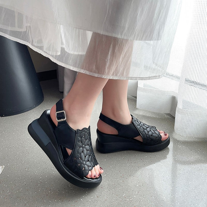Women's nano wedge sandal with floral laser perforation, padded anatomical insole, and adjustable heel strap Mune Fashion