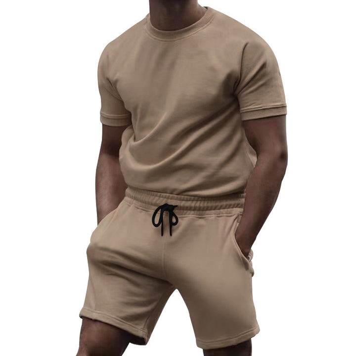 Men's short-sleeve sweat set made of soft sweatshirt fabric with a round neck shirt and drawstring shorts Mune Fashion