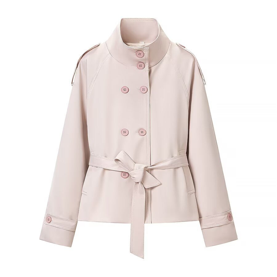 Women's short double-breasted trench coat with high standing collar, shoulder flaps and tie belt Mune Fashion