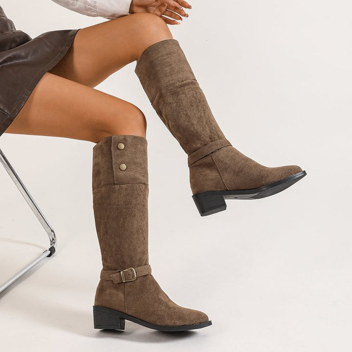 Ladies knee-high suede boots with low block heel and decorative strap Mune Fashion