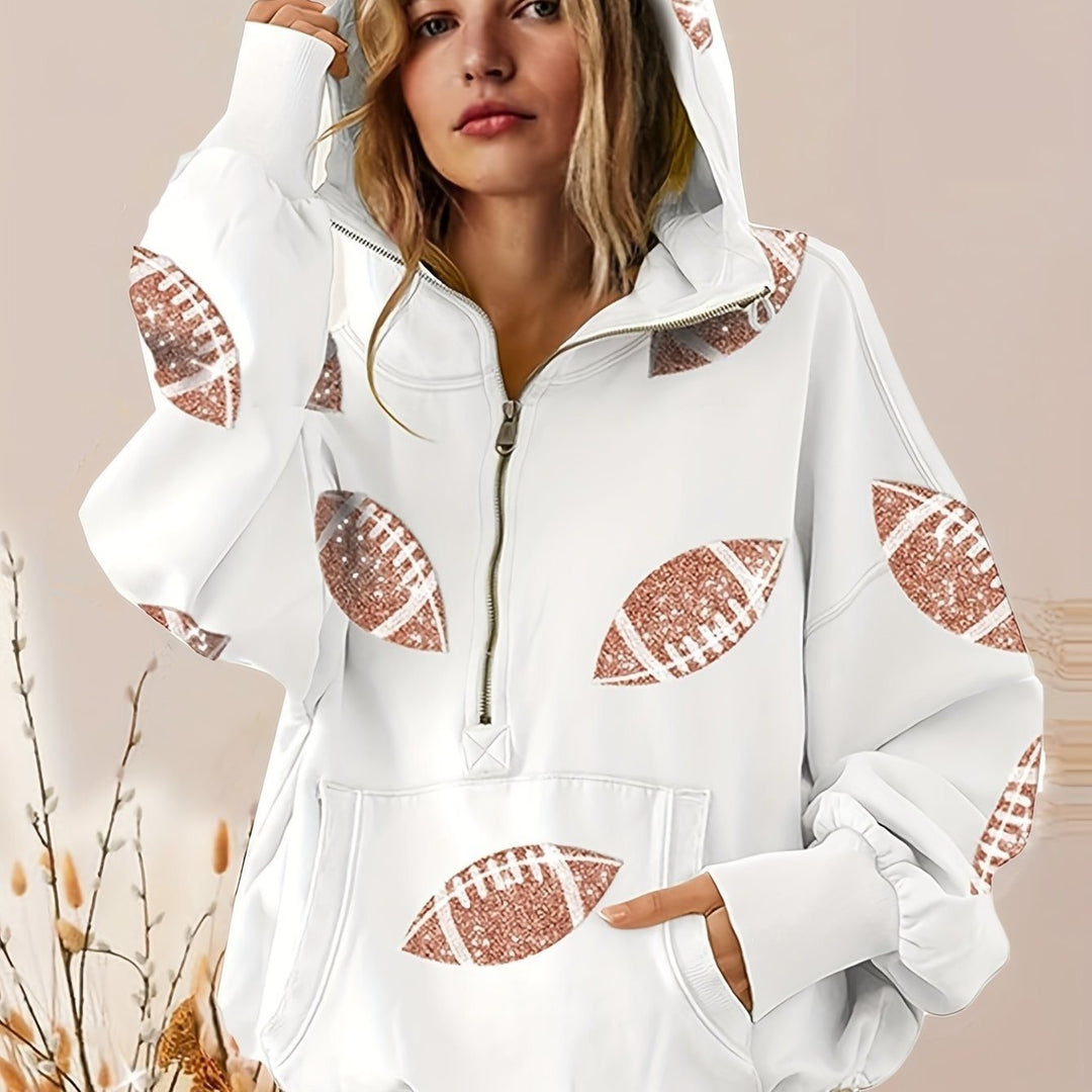 Women's Oversized Hoodie with Half Zipper and Sequin Football Application Mune Fashion