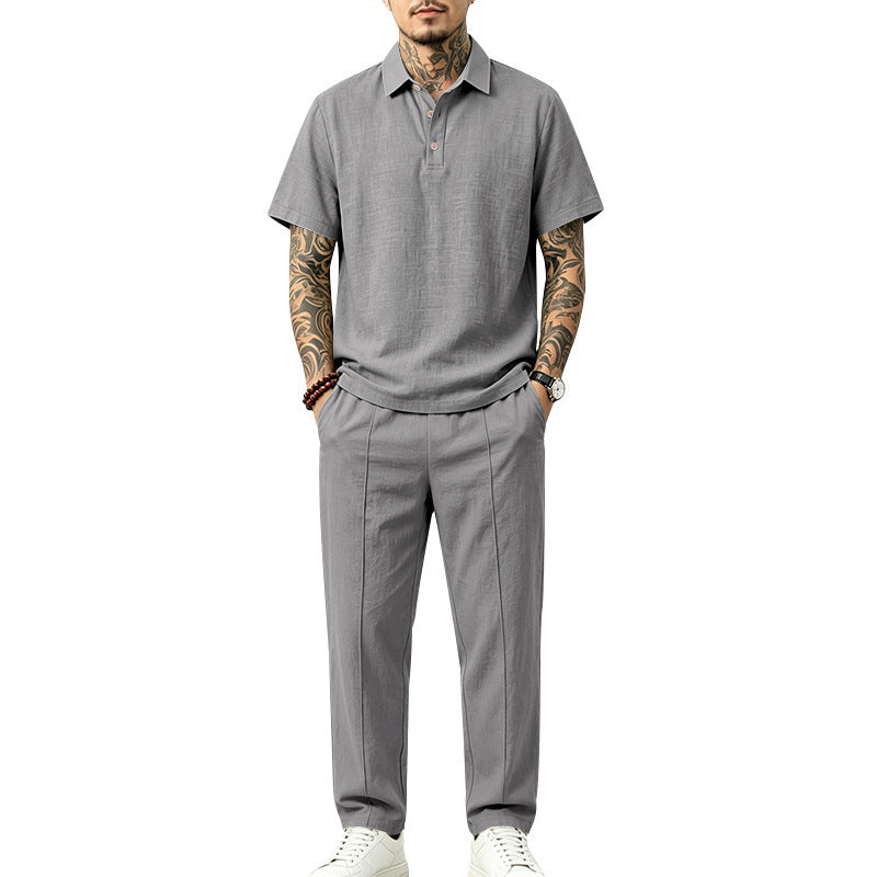 Men's Lightweight Linen Look Loungewear Set with Polo Collar and Pleats Mune Fashion