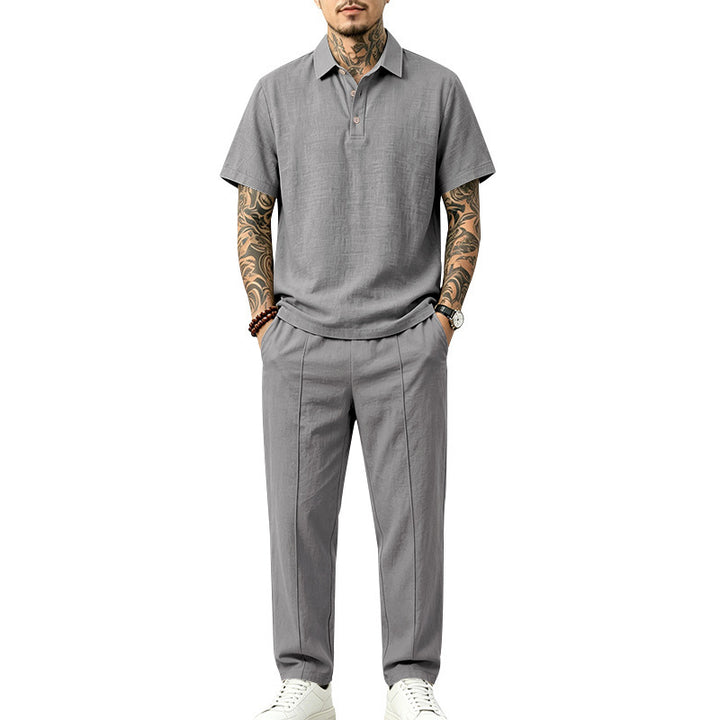 Men's Lightweight Linen Look Loungewear Set with Polo Collar and Pleats Mune Fashion