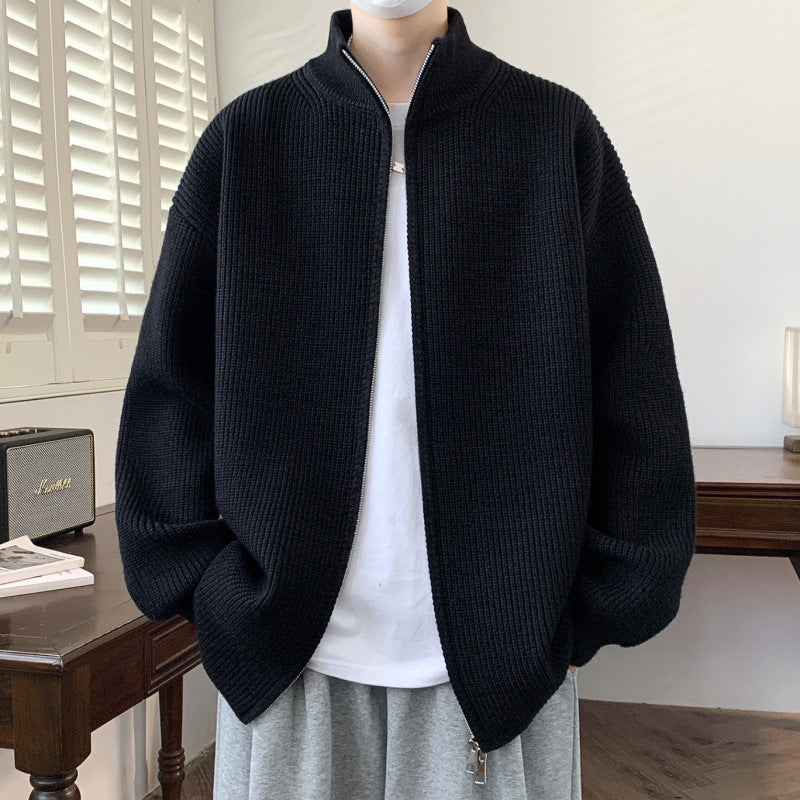 Men's Oversized Knit Zip Jacket with High Stand-Up Collar and Fine Rib Structure Mune Fashion