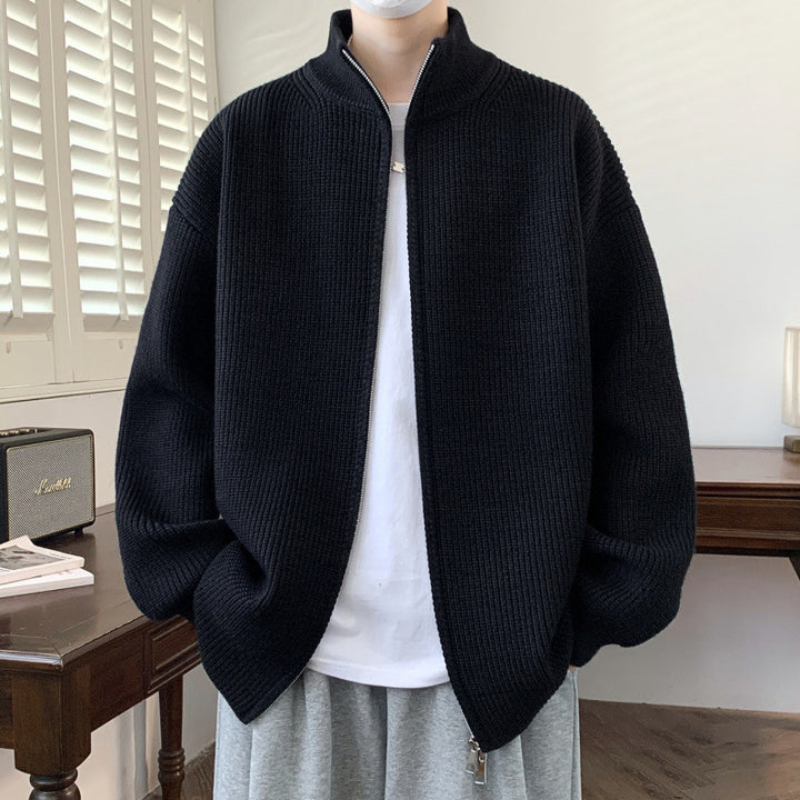 Men's Oversized Knit Zip Jacket with High Stand-Up Collar and Fine Rib Structure Mune Fashion