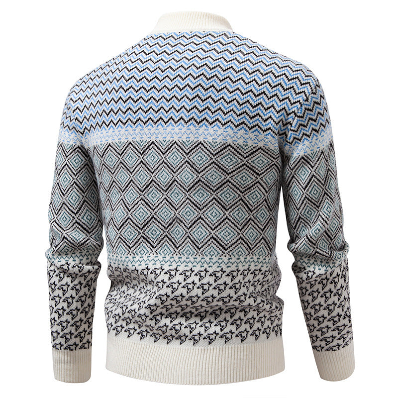 Men's Norwegian Pattern Sweater with Stand-Up Collar and Fine Jacquard Knit Mune Fashion