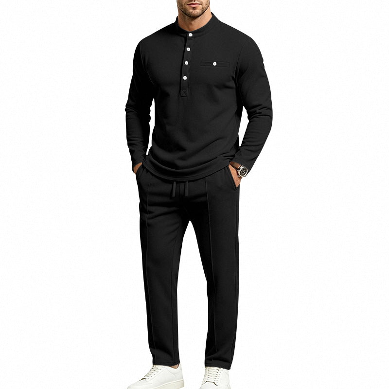 Men's Two-Piece Leisure Set with Henley Long Sleeve Shirt, Stand Collar and Comfort Jogging Pants Mune Fashion