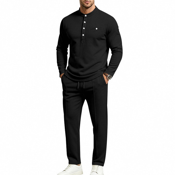 Men's Two-Piece Leisure Set with Henley Long Sleeve Shirt, Stand Collar and Comfort Jogging Pants Mune Fashion